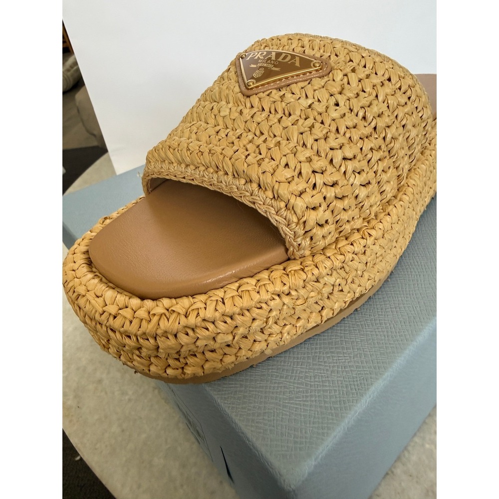 Prada 1XZ761 Crochet flatform slides Raffia Sandals, Women size 40 US 10) - Picture 15 of 16